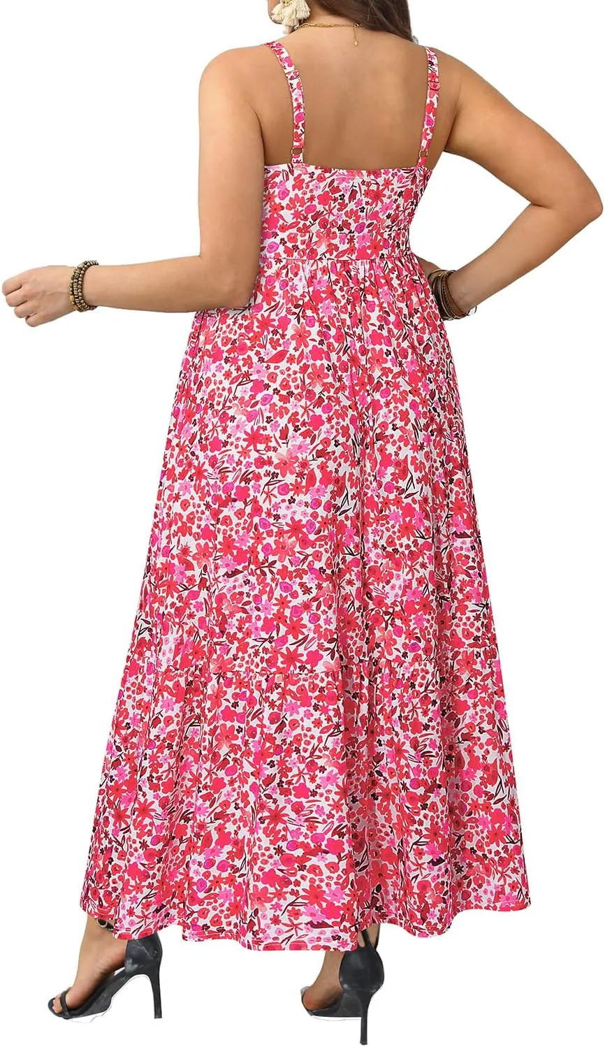Women's Plus Size Summer Maxi Sun Dress Spaghetti Strap Ruched Bust Long Casual Sundress with Pockets