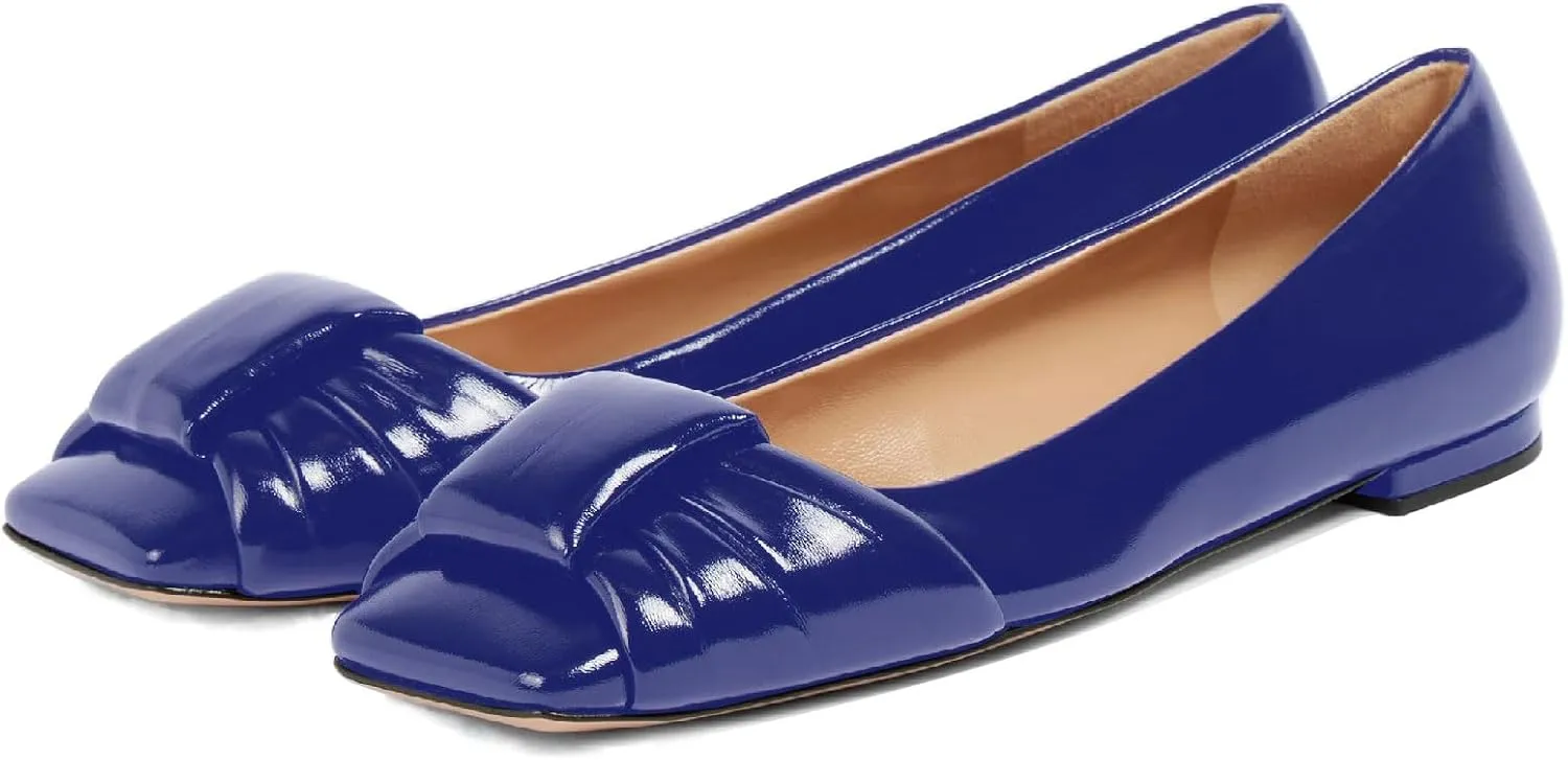 Women's Square Toe Ballet Flats Comfort Slip On Closed Toe Dressy Flats Fashion Patent Ruched Knot Evening Wedding Work Low Heel Shoes for Ladies