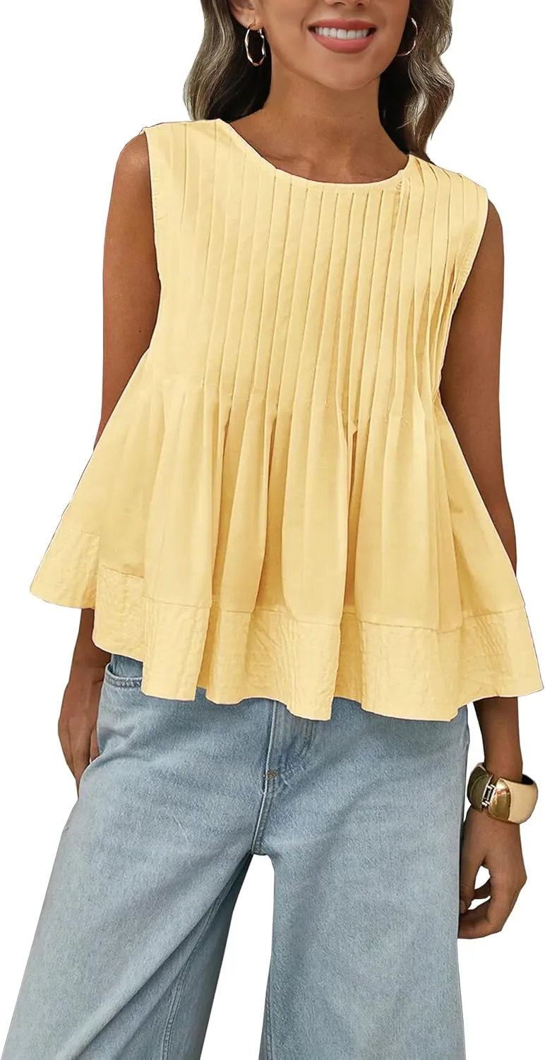Womens Summer Pleated Peplum Sleeveless Blouse Tank Tops Round Neck Y2K Babydoll Blouse Shirt