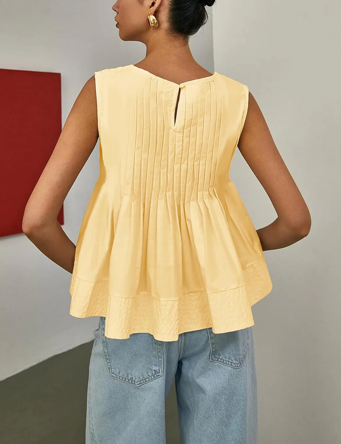 Womens Summer Pleated Peplum Sleeveless Blouse Tank Tops Round Neck Y2K Babydoll Blouse Shirt