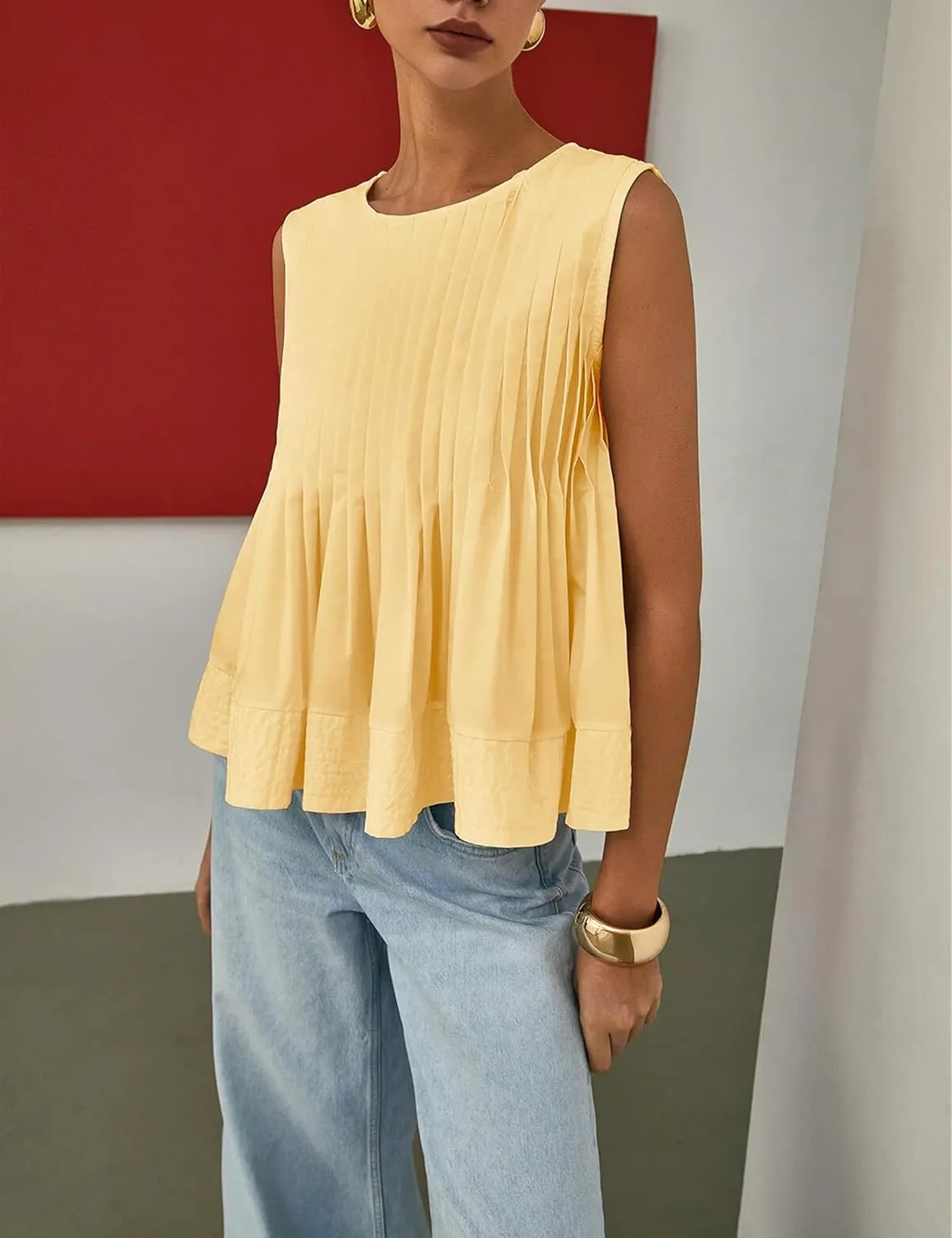 Womens Summer Pleated Peplum Sleeveless Blouse Tank Tops Round Neck Y2K Babydoll Blouse Shirt