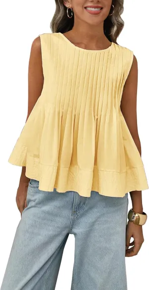 Womens Summer Pleated Peplum Sleeveless Blouse Tank Tops Round Neck Y2K Babydoll Blouse Shirt