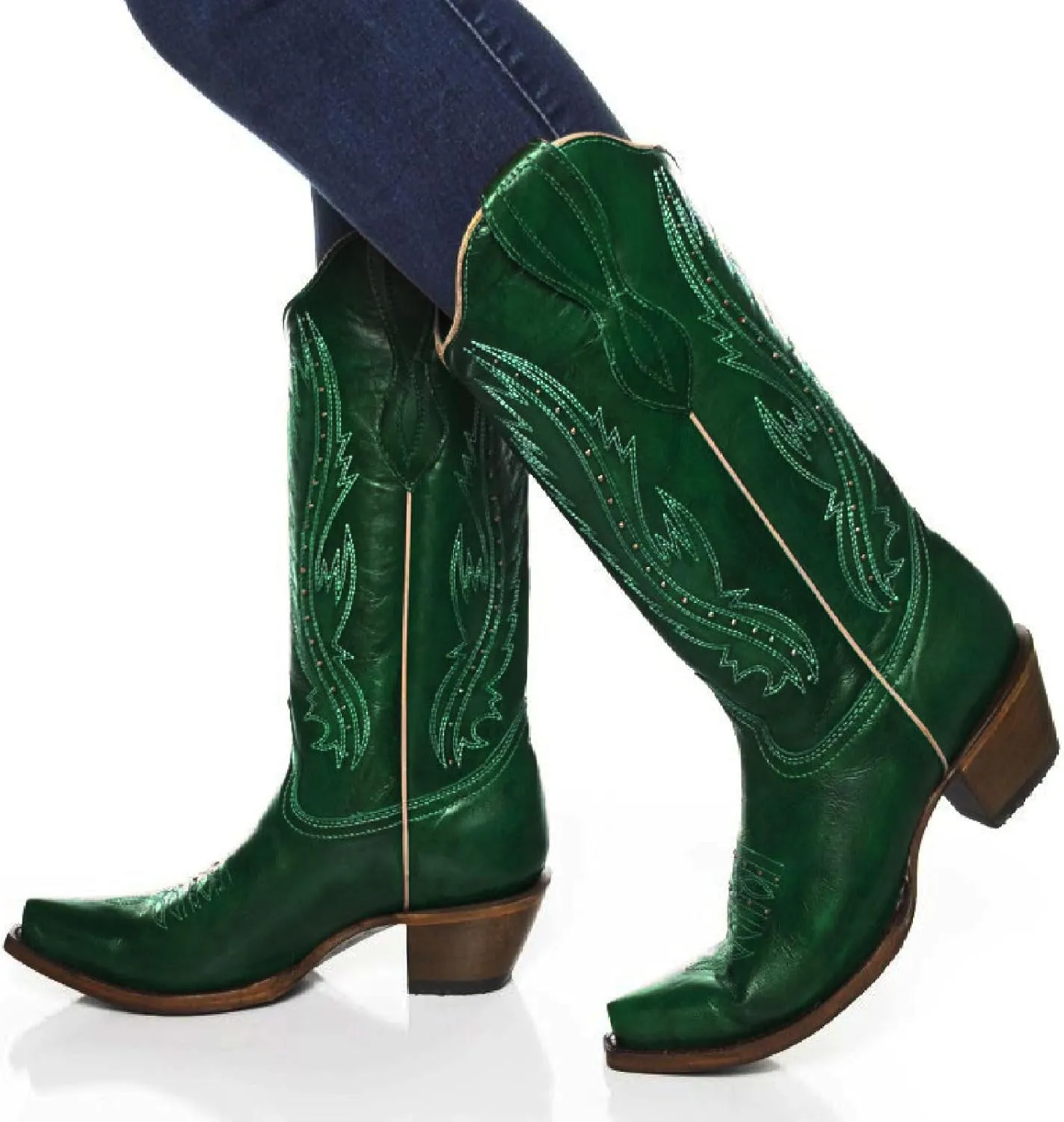 Women's Vintage Embroidered Rivet Block Heel Cowgirl Mid Calf Western Boots Fashion Studded Square Toe Pull On Chunky Heel Cowboy Knee High Boots for Women