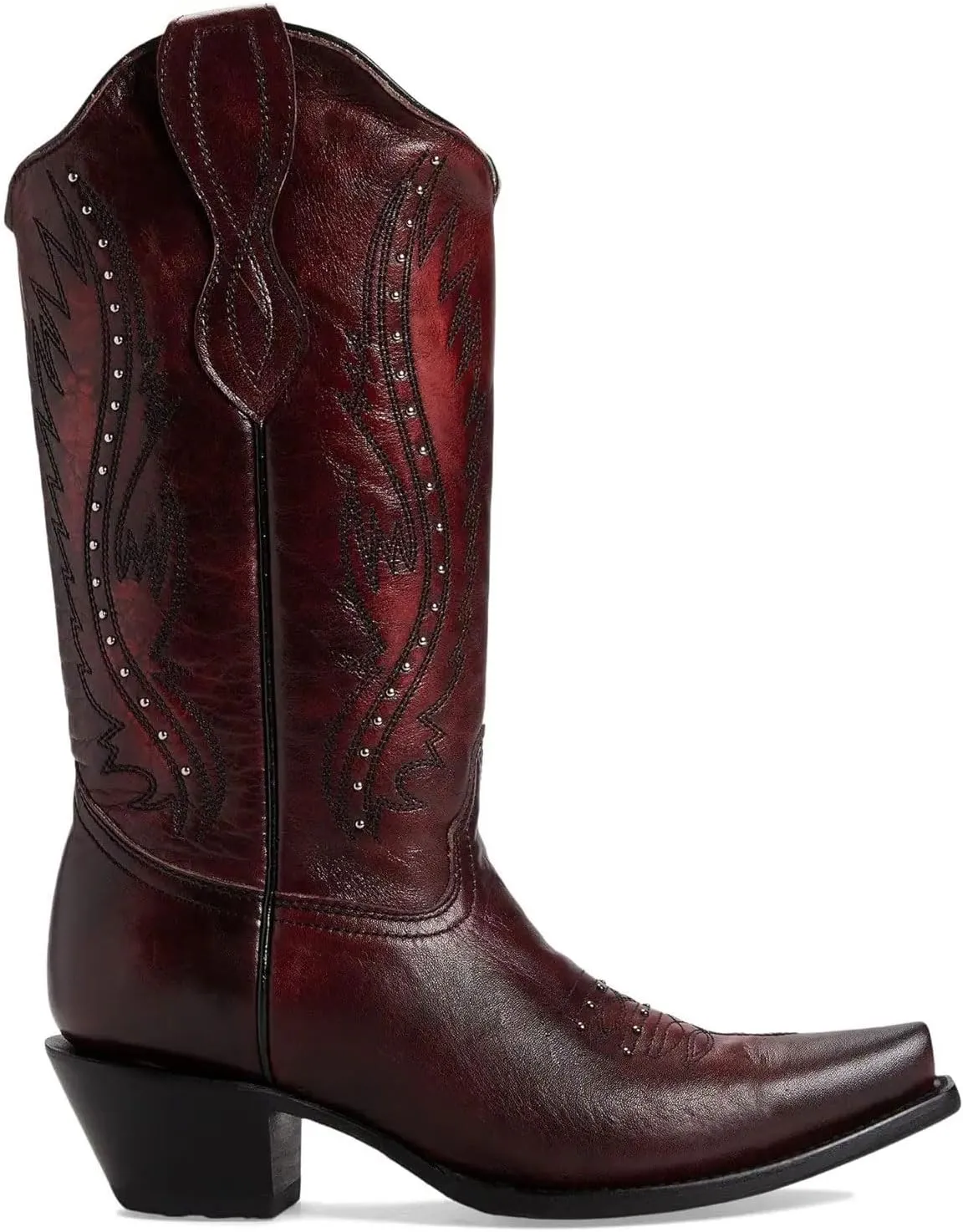 Women's Vintage Embroidered Rivet Block Heel Cowgirl Mid Calf Western Boots Fashion Studded Square Toe Pull On Chunky Heel Cowboy Knee High Boots for Women