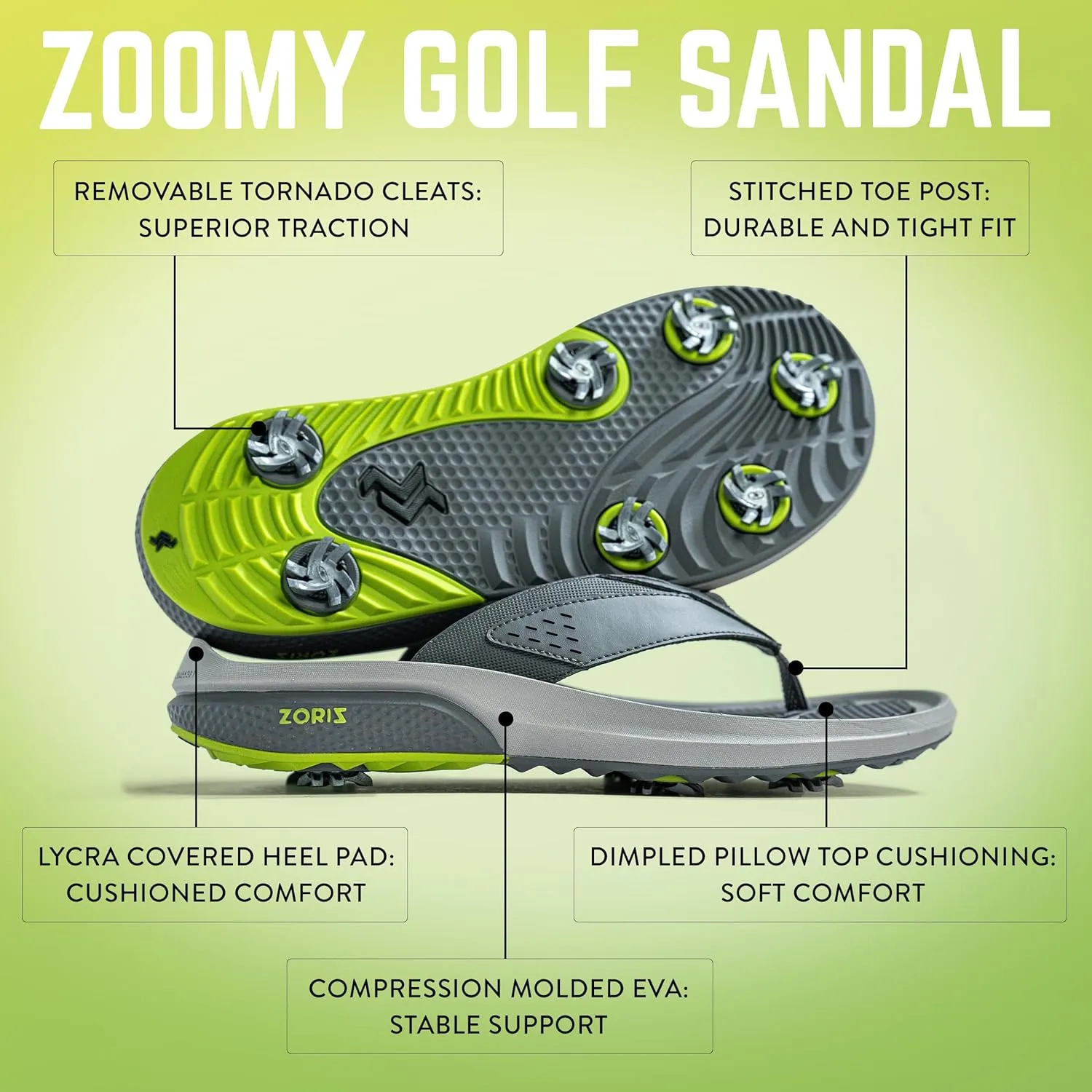 ZORIZ Zoomy Golf Sandals - Unisex Golf Flip Flops With Removable Tornado Golf Cleats - Mens and Womens Sandals for Walking, Beach, or Sports